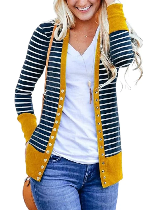 Striped Snap Cardigan In Navy/mustard