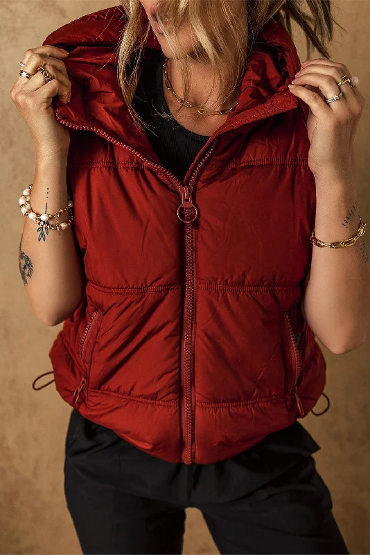 Clay Zip Up Side Pockets Hooded Puffer Vest