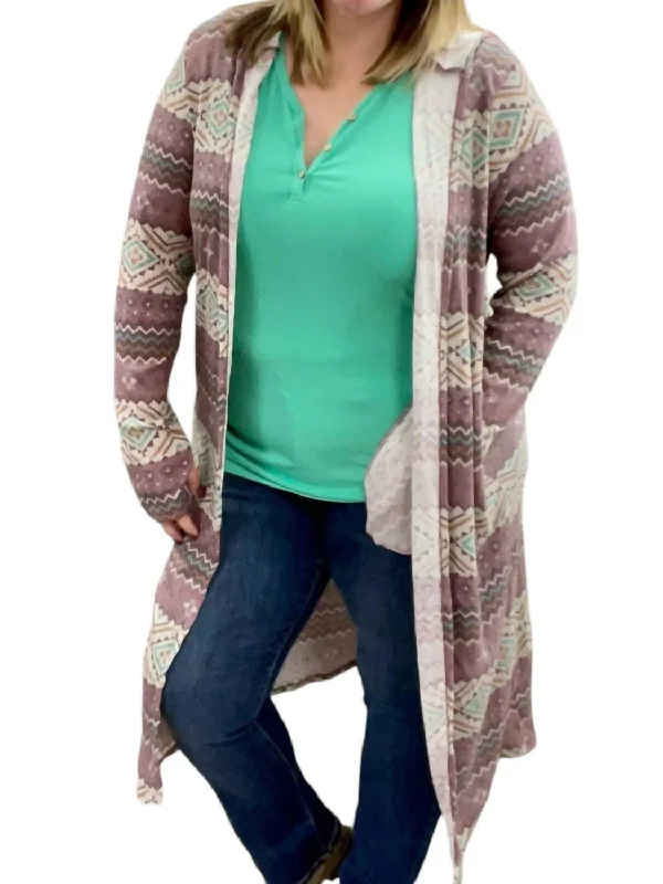 Aztec Hooded Cardigan In Purple