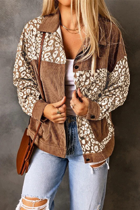 Brown Leopard Print Pocket Corduroy Jacket