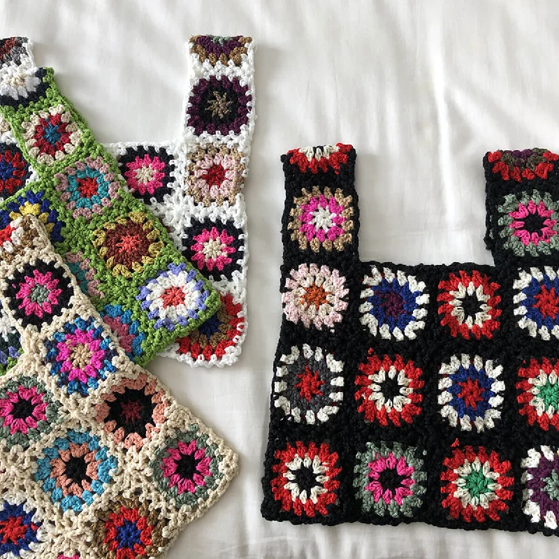 Vintage Floral Granny Square Handmade Openwork Crochet Knit Tote Bag