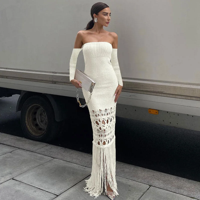 Elegant Off Shoulder Crochet Ripped Semi Sheer Fringe Knit Maxi Dress