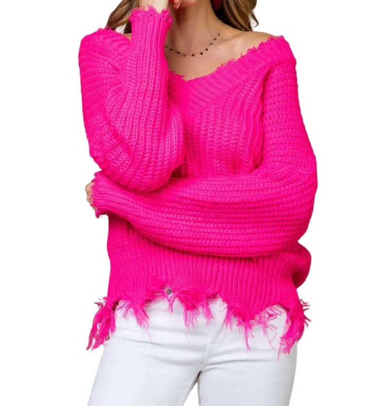 Frayed V-Neck Sweater In Neon Pink