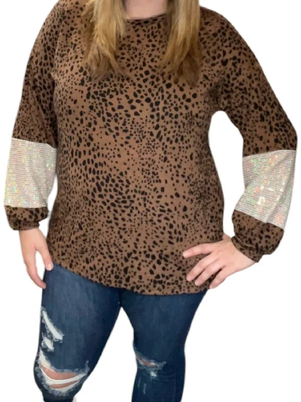 Leopard Sequin Sleeve Sweater In Brown