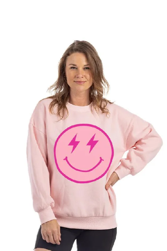 Pink Lightning Happy Face Crewneck Sweatshirt