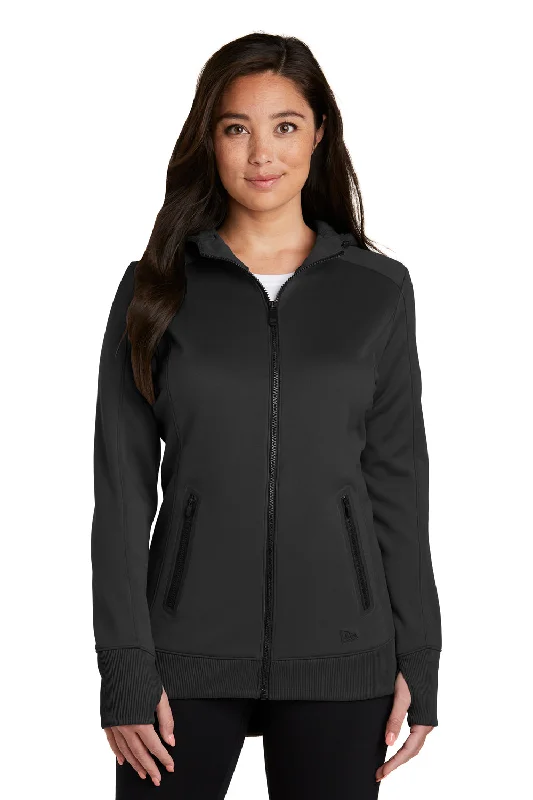 New Era Womens Venue Moisture Wicking Fleece Full Zip Hooded Sweatshirt Hoodie w/ Pockets - Black