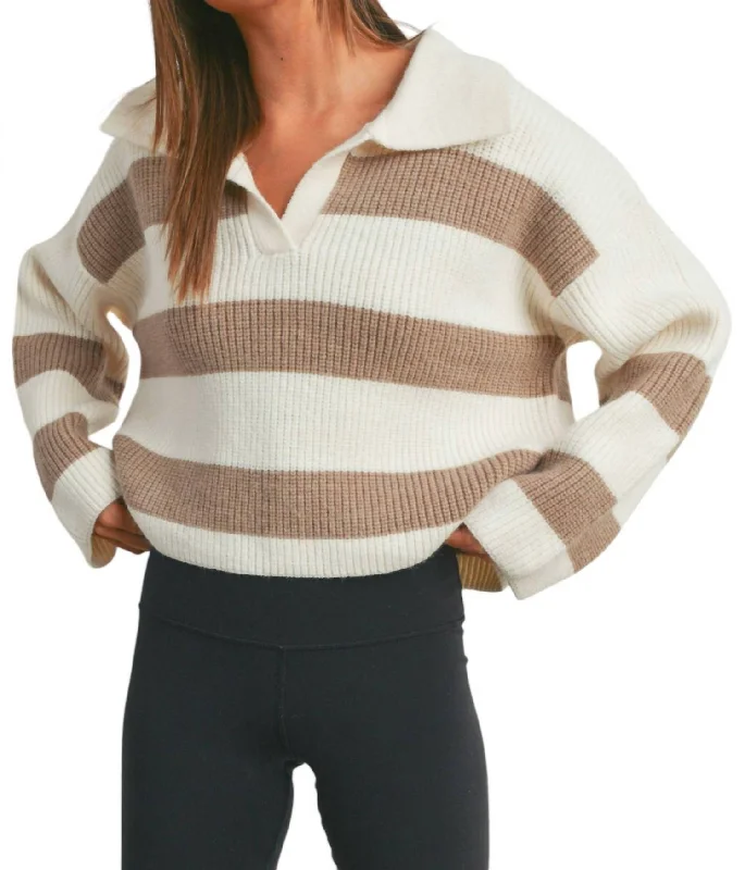 Striped Wide Collar Sweater In Ivory/taupe