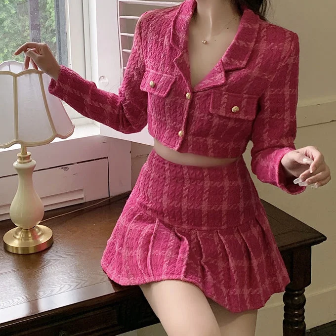 Tweed Plaid Blazer Skirt Set (Hot Pink)