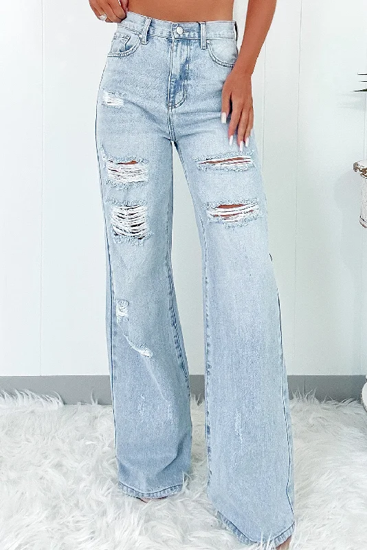 Beau Blue Light Wash Distressed High Waist Wide Leg Jeans