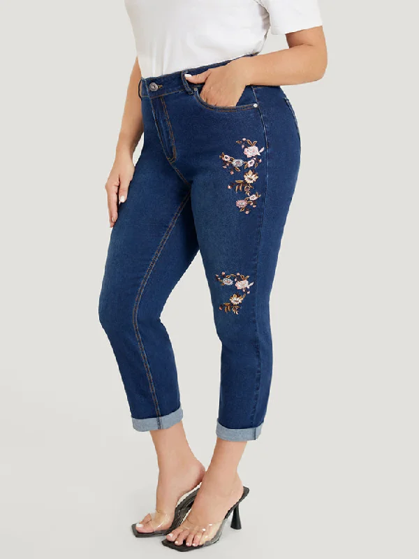 Straight Leg Very Stretchy Dark Wash Floral Embroidered Jeans