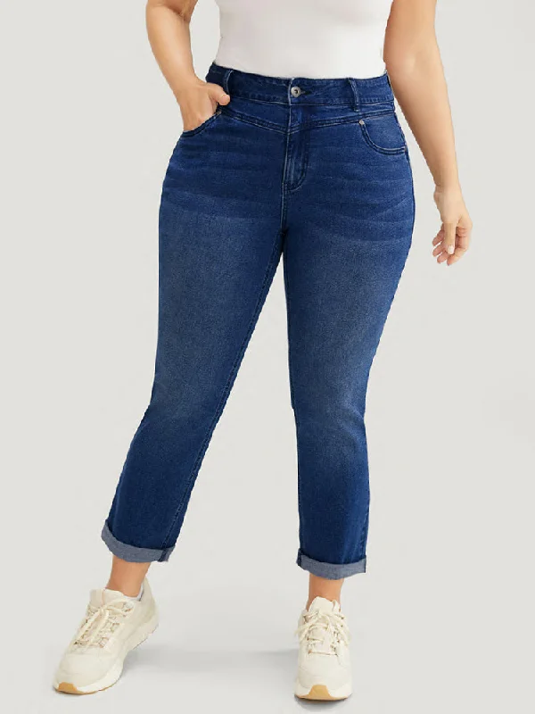 Very Stretchy High Rise Medium Wash Roll Hem Jeans