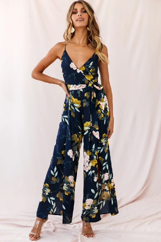 Carrie High Slit Cami Jumpsuit Navy