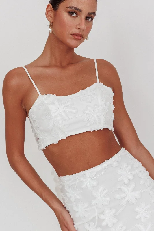 Casi Tied Back Crop Top Embroidered White