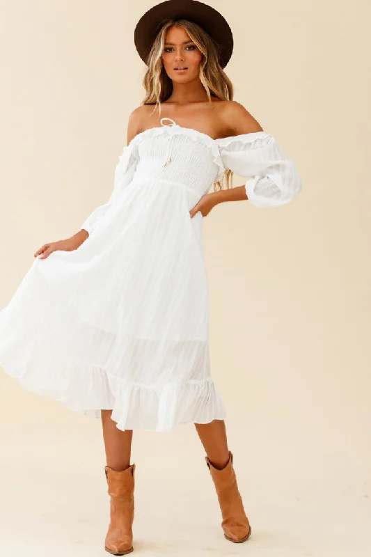 Flynn Off-Shoulder Shirred Bust Midi Dress White