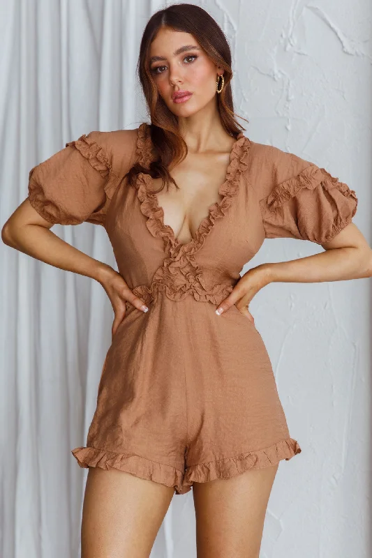 Galatia Frill Trim Puff Sleeve Romper Tan