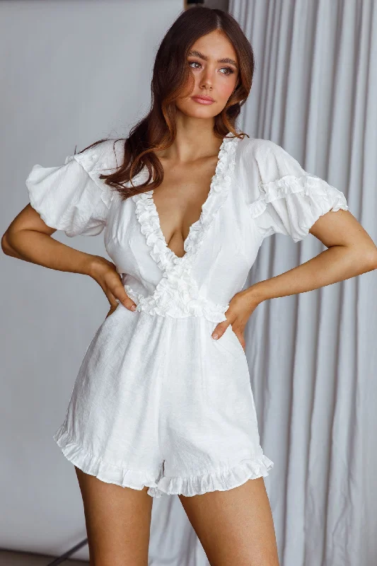 Galatia Frill Trim Puff Sleeve Romper White