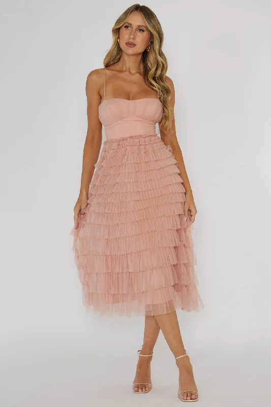 Garden Party Tiered Frill Midi Dress Blush