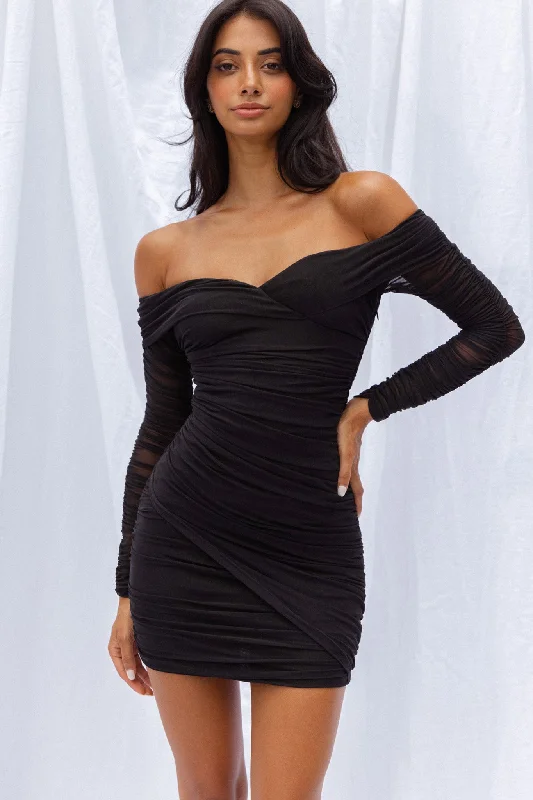 Moonrise Off-Shoulder Crossover Neckline Long Sleeve Ruched Dress Black