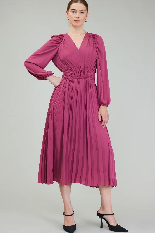 Raspberry Pleated V-Neck Midi Dress