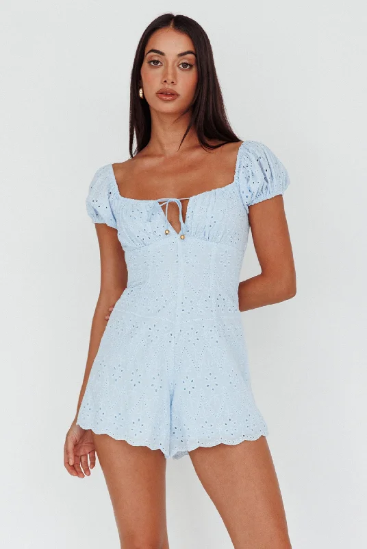 Santiago Puff Sleeve Eyelet Romper Blue