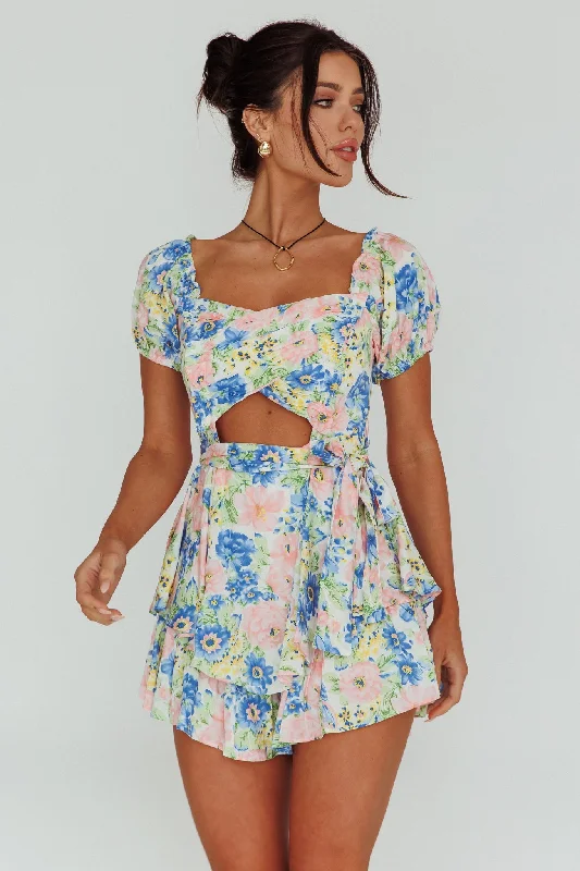 Whimsical Cut-out Bodice Romper Floral Blue