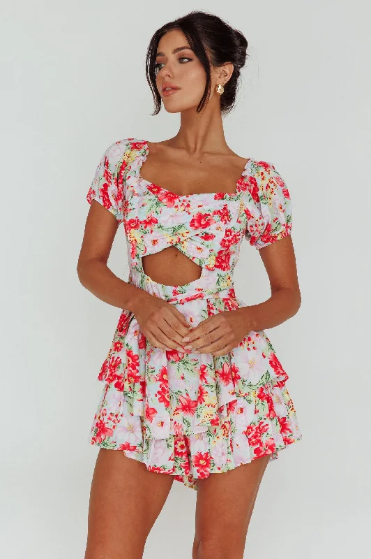 Whimsical Cut-out Bodice Romper Floral Pink