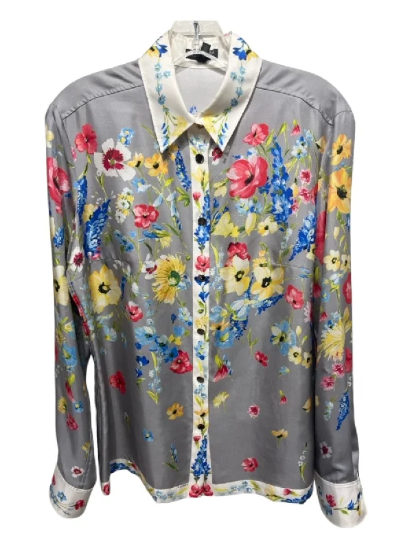 Escada Size 36 White & Multi Silk Floral Long Sleeve Button Up Top