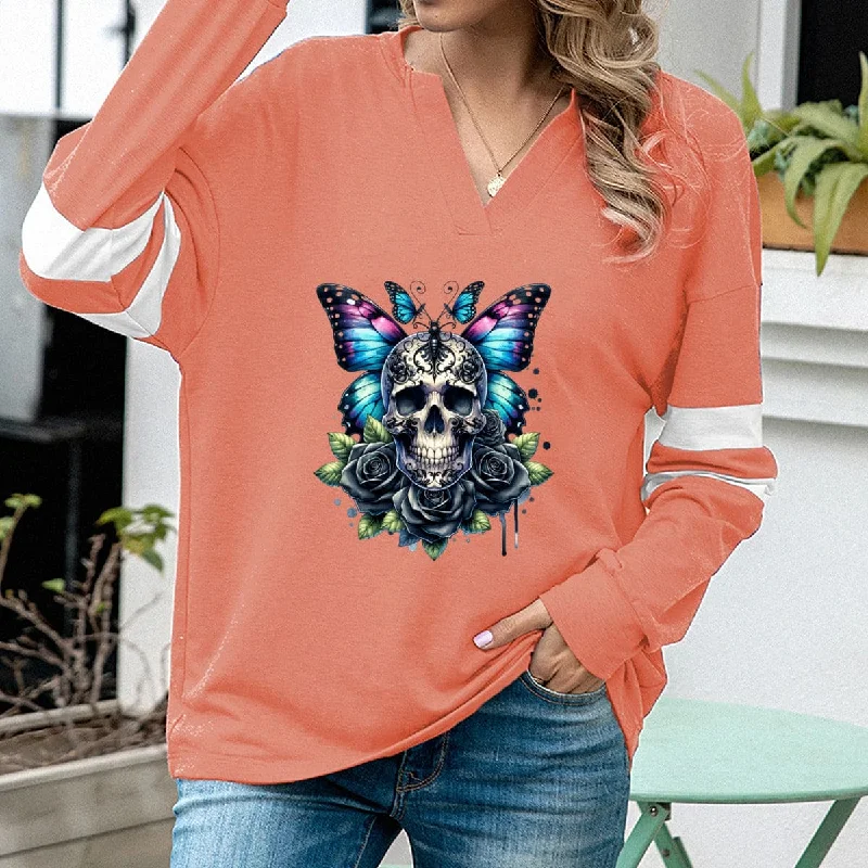 Gothic Butterfly Skulls Long Sleeve Top For Women