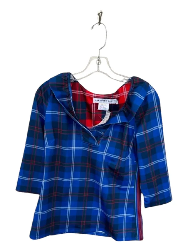 Gretchen Scott Size M Blue & Red Polyester Ruffle Collar Long Sleeve Plaid Top