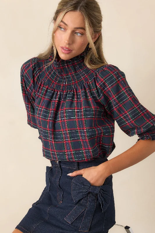 In The Zone 100% Cotton Navy Plaid Smock Neck Blouse