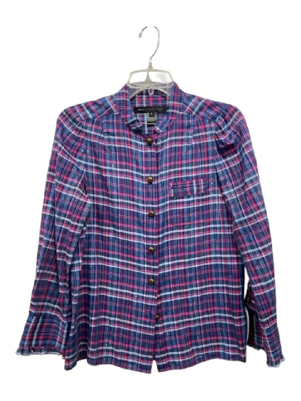 Marc By Marc Jacobs Size 6 Navy Blue & Pink Cotton Plaid Metallic Thread Top