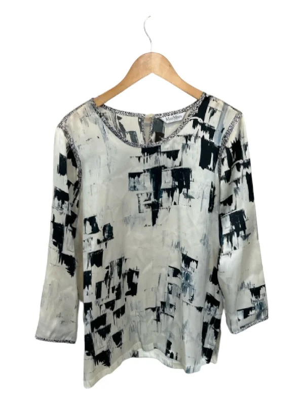 MaxMara Size Est M White & Navy Silk Long Sleeve Abstract Top