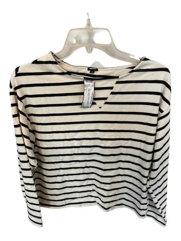 Monrow Size S Black & Cream Cotton Long Sleeve Striped Top