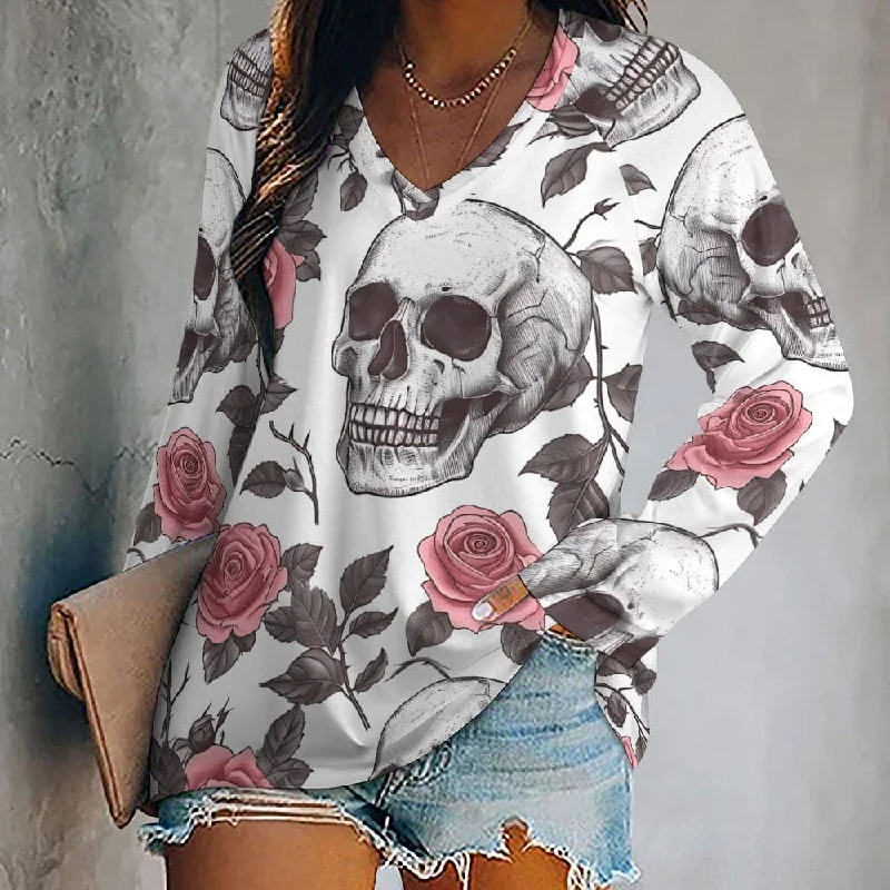 Women's Skull Pink Roses Long Sleeve Loose Tee