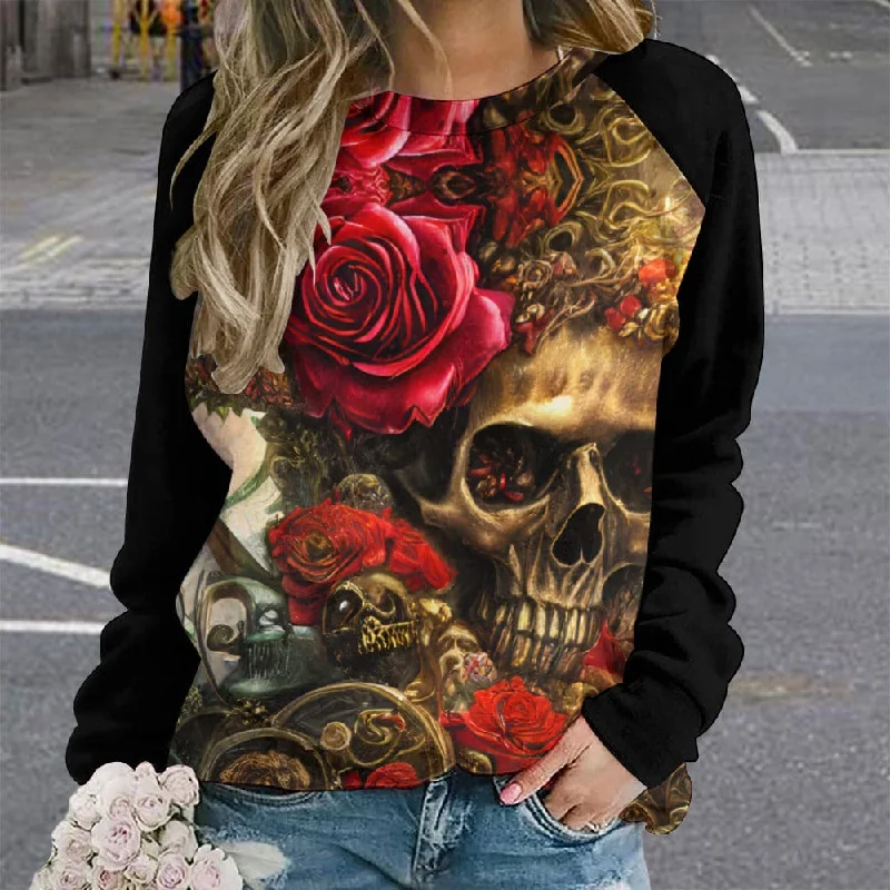 Unleash Your Bold Style With The Women's Skull Floral Raglan Round Neck Sweater!