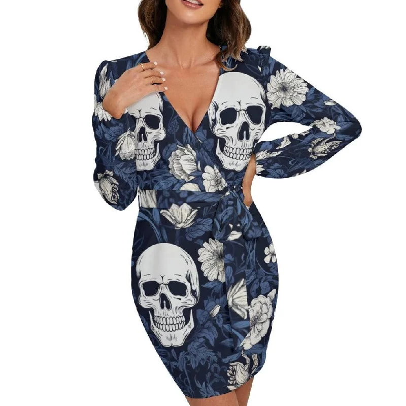 Women's Blue Floral Skulls V-Neck Long Sleeve Dress With Waist Belt