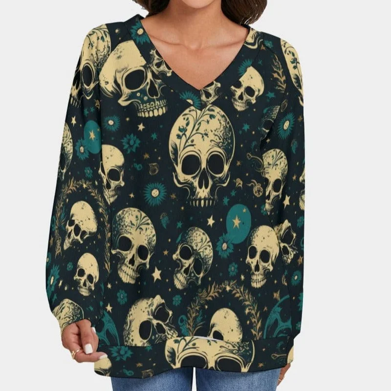 Women's Celestial Skulls V-neck Sweater With Long Sleeve