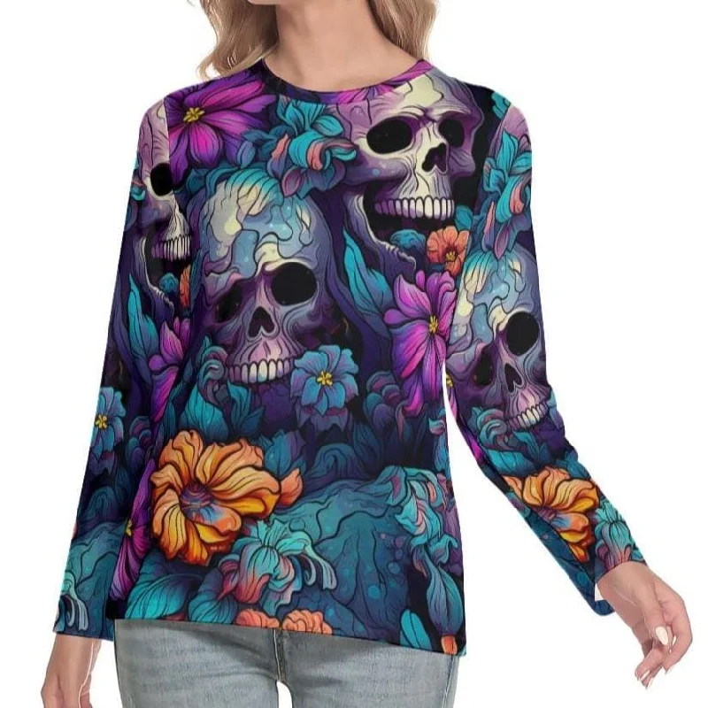 Women's Colorful Flowers Skulls O-neck Long Sleeve Top