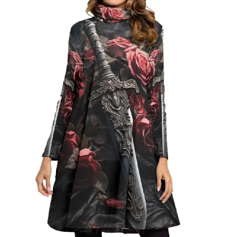 Women's Gothic Sword And Pink Roses High Neck Dress With Long Sleeve