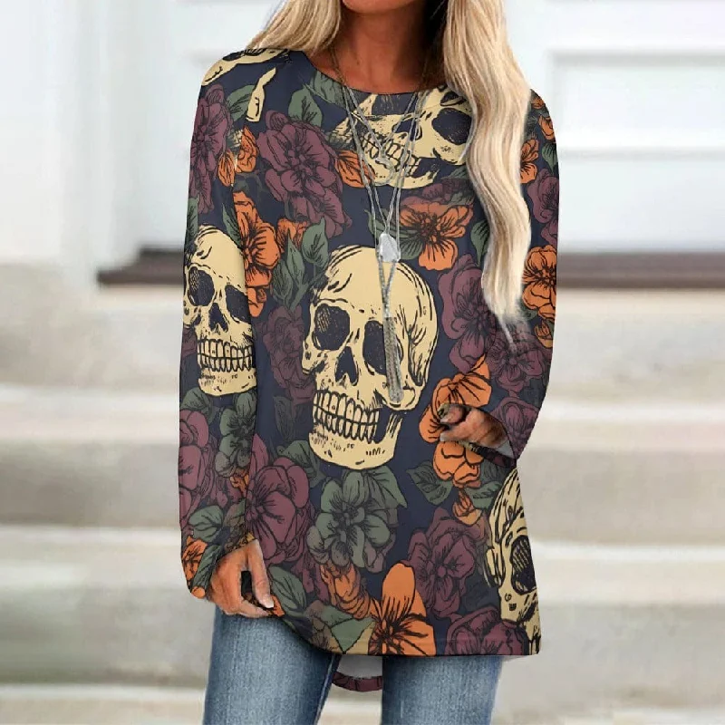 Women's Long Skull Floral Crew Neck Long Sleeve Top