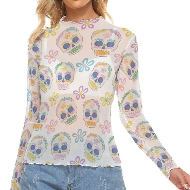 Women's Pastel Skulls Mesh Long Sleeve Top