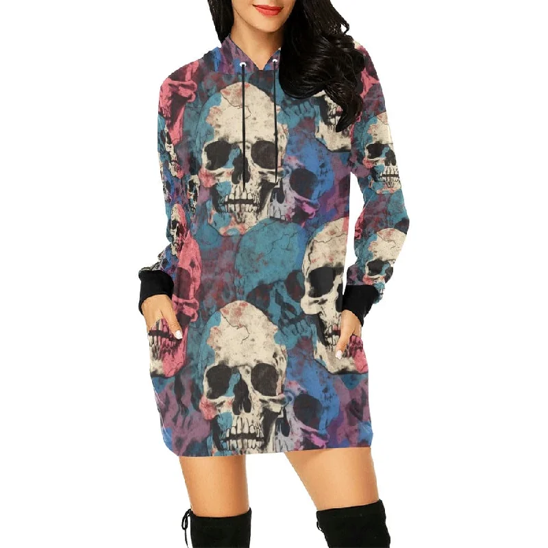 Women's Pink Blue White Skulls Hoodie Long Sleeve Dress