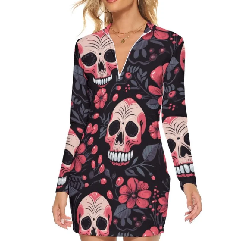 Women's Pink Floral Skull Zip Front Bodycon Long Sleeve Dress