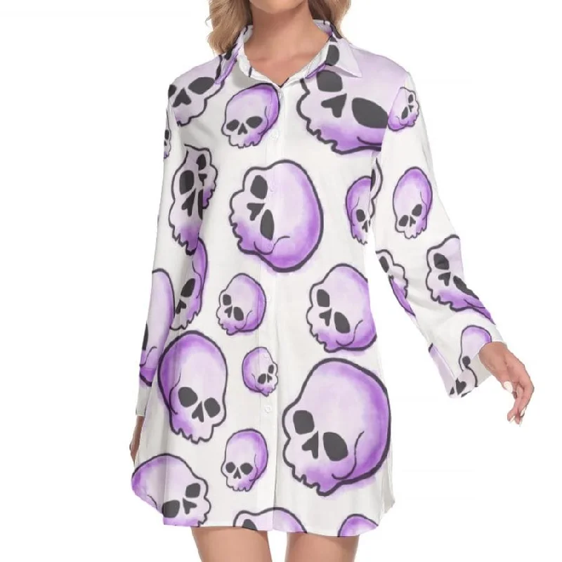 Women's Purple Skulls Lapel Shirt Dress With Long Sleeve