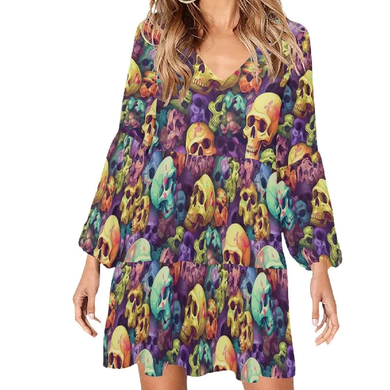 Women's Skull Autumn Colors Long Sleeve V-Neck Loose Fit Dress