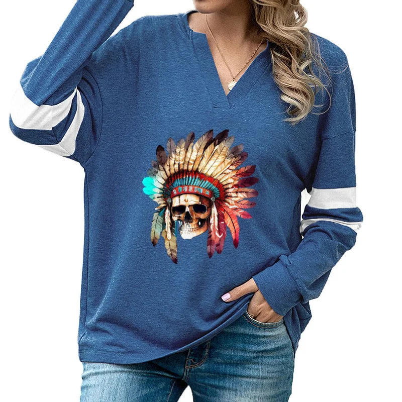 Womens Skull Feather Headband Long Sleeve Top