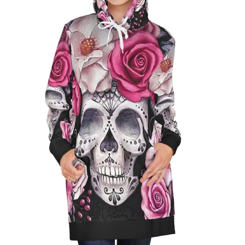 Women's Skull Pink Rose Floral Hoodie Dress