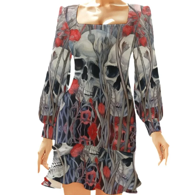 Women's Skull Red Roses In Garden Ruffle Hem Long Sleeve Dress