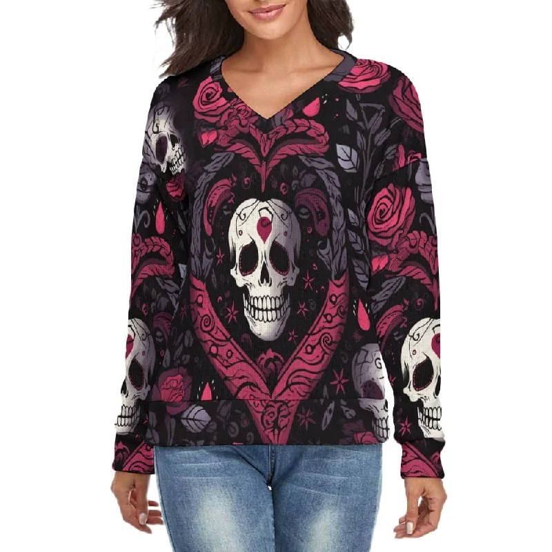 Women's Skulls In Heart V-Neck Long Sleeve Sweater