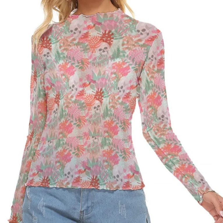 Women's Skulls Pink Floral Mesh Long Sleeve Top